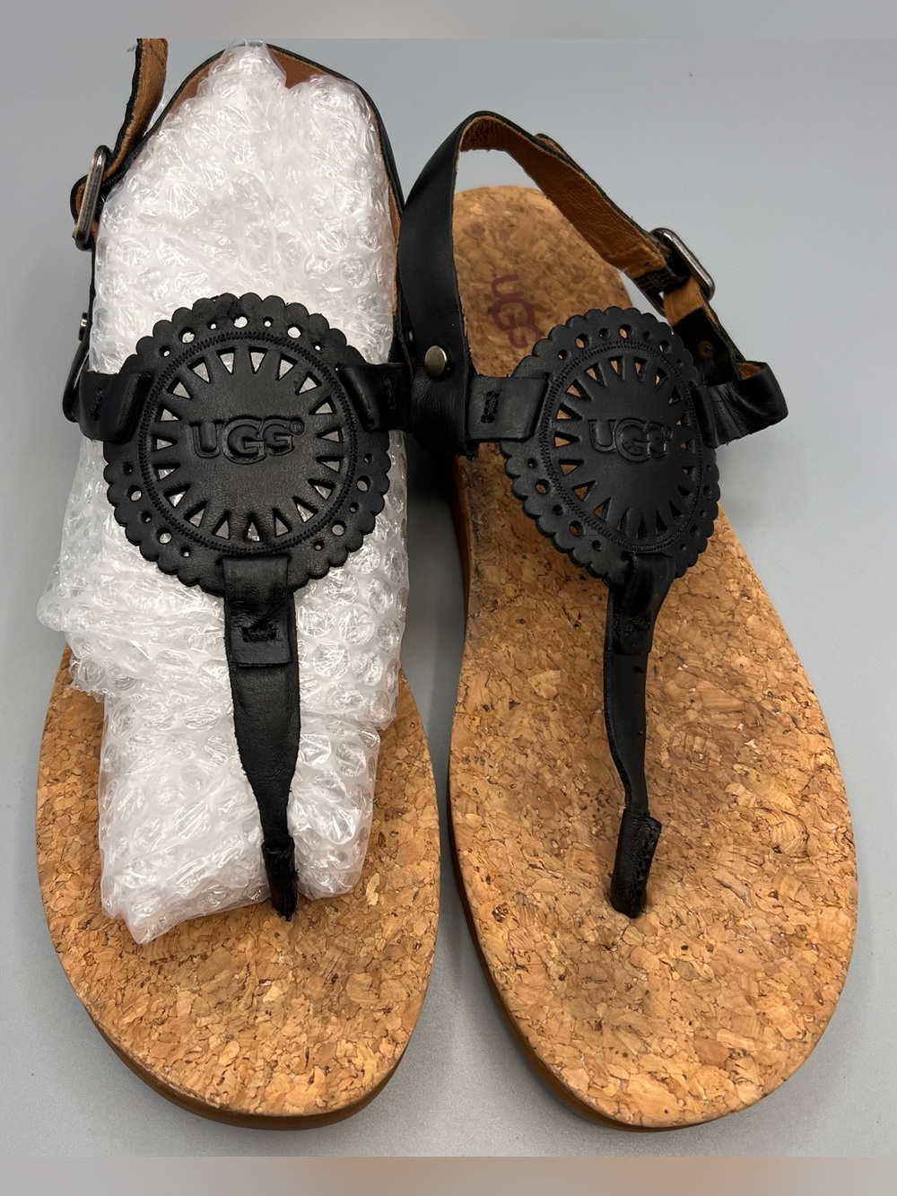 Ugg Ayden II Sandal Size 9 Black Leather Embossed Cork Insole Adustable Strap